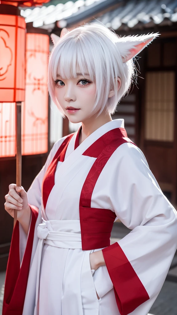 White Demon Fox、Nine-tailed Fox、Japanese women、kimono、Fair skin、Red lines on face、8K、I have white hair、Bobshort hair