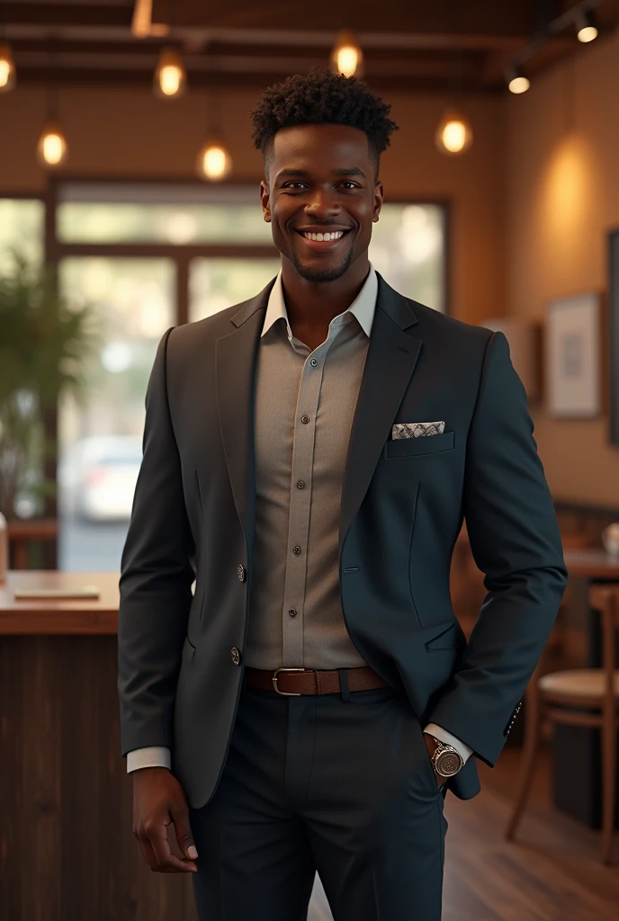 Un mec noir , muscle avec des cheveux noirs peu long.De taille 1m87 qui qui bien habillé qui est dans un café et qui sourit