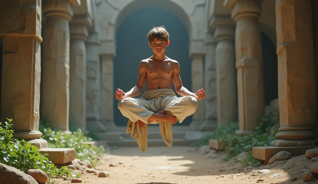 a jedi 14years boy, with white monk pants, shirtless, light brown short hair and ice blue eyes, toned body, Abandoned jedi temple as a backdrop, frontal, meditating, smooth body, levitating from the ground, 4k, high realism,