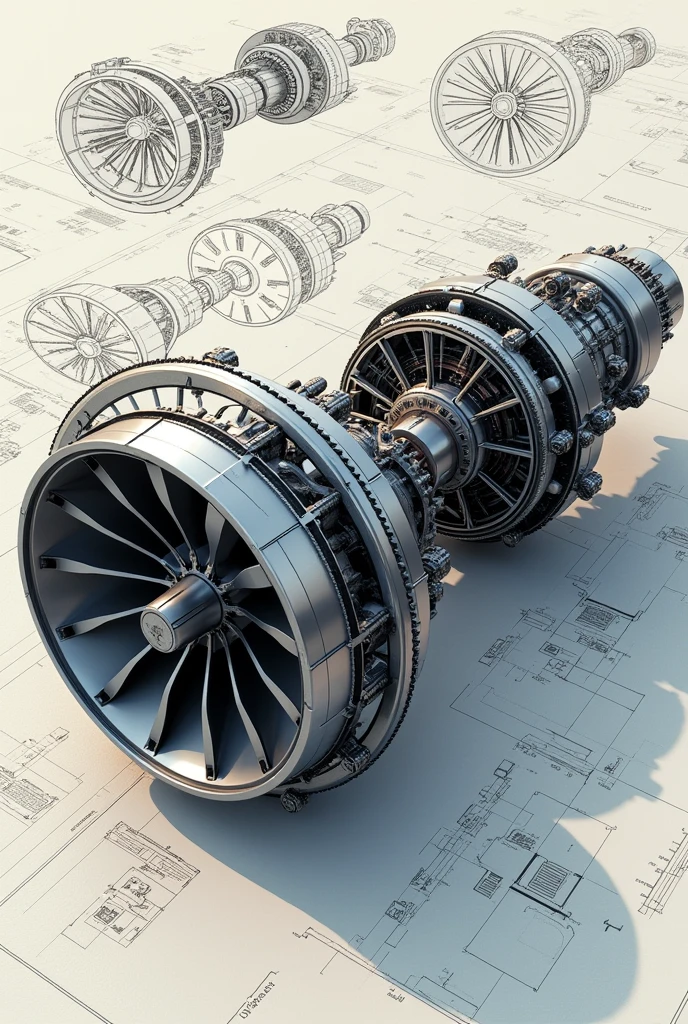An isometric view image of a rocket jet engine turbine in full section and in the background a project sheet with 2D project images and details of a turbine 