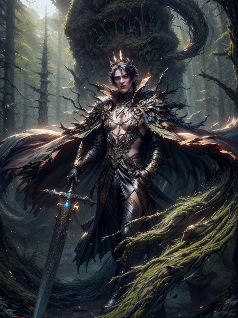 imagem de um vampiro masculino com uma espada em uma floresta, senhor vampiro, arte de estilo fantasia sombria, e Mumford Tom Bagshaw, uma ilustração de fantasia sinistra, governante do inferno, in style of arte de fantasia sombria, vampiro do clã lasombra, design de personagens de fantasia sombria, arte de fantasia sombria, lindo deus masculino da morte, arte de fantasia gótica. Extremely detaild, 8K, HDR, natural light, cinematic lighting, masterpiece-anatomy-perfect, Ultra HD, RAW photo, metallic, professional, ultra-fine painting, perfect body proportions, anatomically correct, uhd, real texture material, Anti-Aliasing, FKAA, TXAA, SSAO, Post Processing, Post Production, Tone Mapping, CGI, VFX, SFX, Hyper maximalist, Volumetric, ultra photorealultra-detailed intricate details.