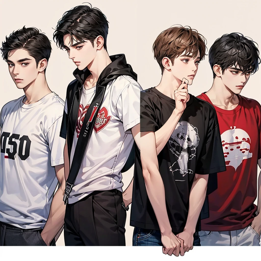 Four boys, black hair, brown eyes, simple background, high resolution, brown hair, stand in a line.., Wear a t-shirt, shut your mouth, handsome, cool,