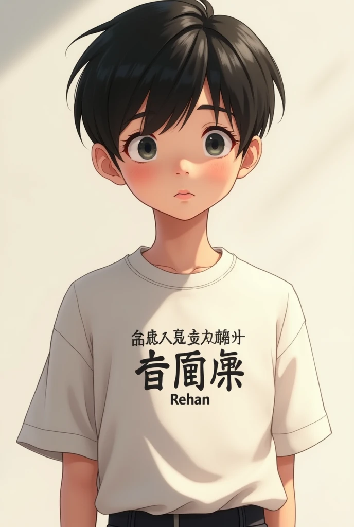 Create an animated image of a strikingly beautiful Japanese young boy wearing a white shirt with the name "Rehan" written on it. The shirt should also feature a quote: "The most difficult thing is the decision to act; the rest is merely tenacity." The boy should have a confident and thoughtful expression, embodying the spirit of the quote.
