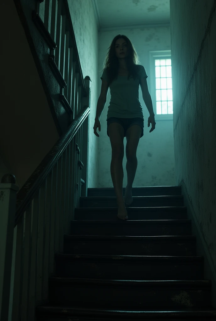 A women climbing upstairs of a dark house with fear in her face and the stairs was creaky 

