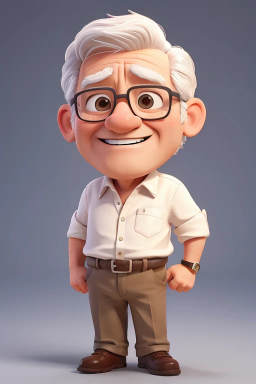 60-year-old man, white  shirt, open arms, large, deep dark circles under his eyes, short hair without bangs, Frown lines on the face, big smile, very big ears, white  hair, very small eyes, Square face, Portuguese aspect, without glasses
