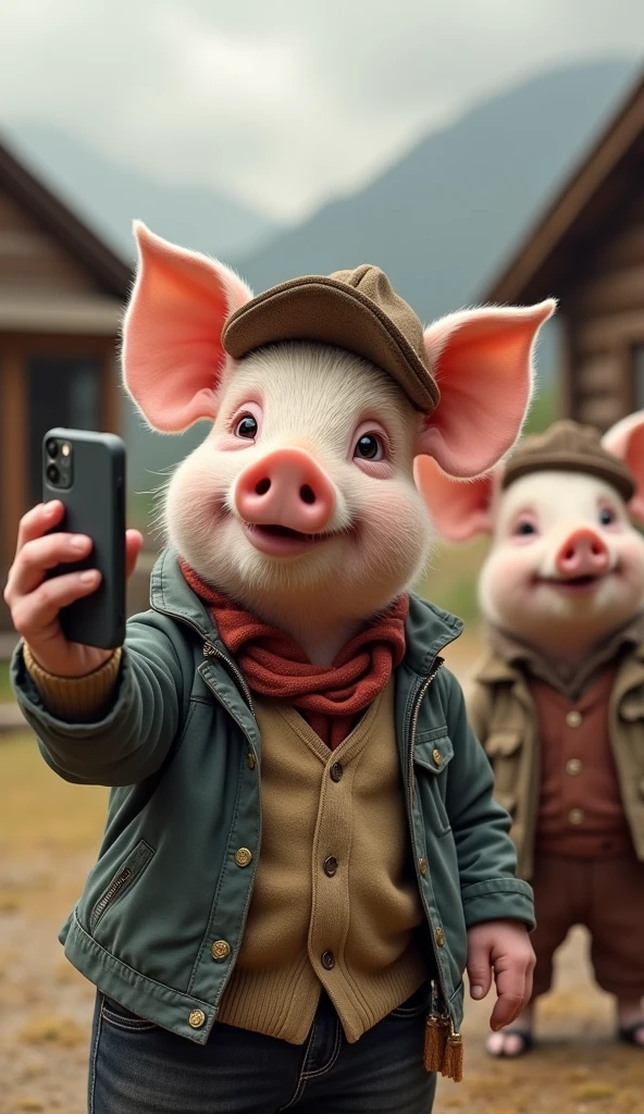 "A piglet, dressed in adult clothing, is taking a selfie where he is holding the phone, appearing in the foreground as if he’s holding the phone. The generated image should be the actual selfie he is capturing, with two other piglets in adult clothing in the background, smiling and posing. All three piglets have a realistic yet caricatured look, as if they were people transformed into pigs, with intelligent expressions. The scene is outdoors, with rustic cabins visible in the background. The phone itself does not appear in the image, but the selfie perspective is captured as if taken by the piglet in the front."