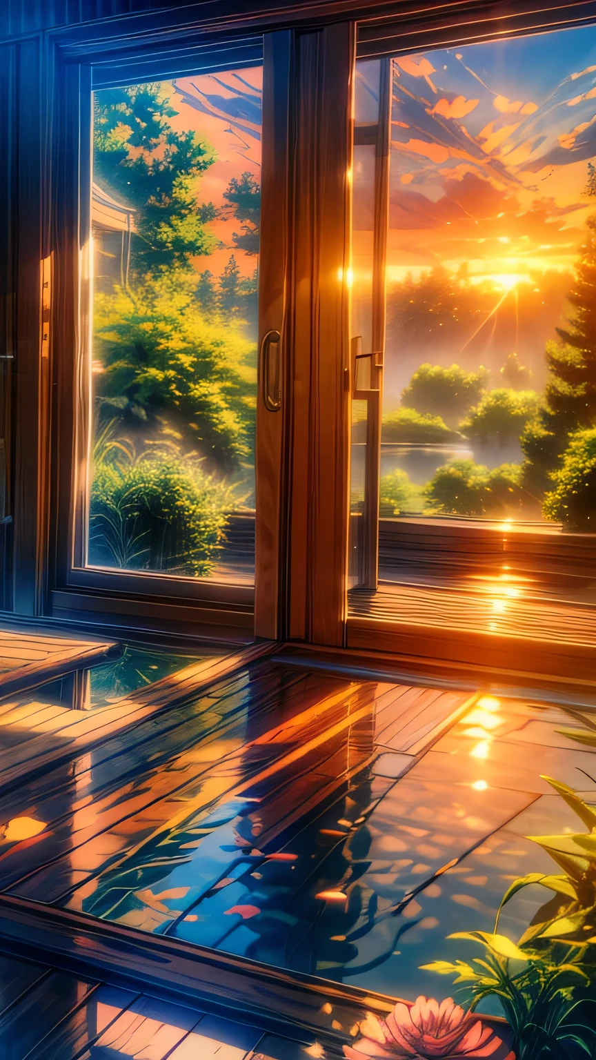 Imagine a serene and idyllic scene viewed from a cozy window seat: a tranquil pond glimmers in the foreground, its calm waters reflecting the vibrant hues of a breathtaking sunset. The surrounding open area is a lush tapestry of green, with soft grasses and wildflowers swaying gently in the breeze. The sky is painted with warm, golden light, with hues of pink and orange bleeding into the horizon. In the distance, trees stand tall, their silhouettes stark against the kaleidoscope of colors. The room's window frame, adorned with delicate curtains and lush greenery, frames this picturesque scene, inviting the viewer to step into this peaceful haven. Every detail, from the ripples on the pond to the soft petals of the wildflowers, is rendered in exquisite detail, transporting the viewer to a world of serenity and wonder.