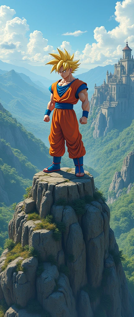 Super Saiyan Blue Goku, training in outdoor martial arts, He stands atop a massive mountain, An old castle, trees, and hills appear in the background., Yellow hair, Naruto, Shown from behind