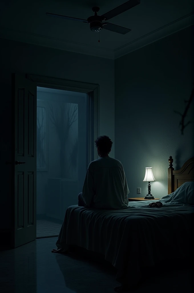 Vikram sitting on his bed in a dark room with only a faint light from a small lamp beside him. The atmosphere is creepy, with a subtle hint of something sinister in the air. The room is quiet, but there’s an unsettling whisper coming from somewhere unseen. Vikram looks frightened, glancing around nervously as if trying to locate the source of the sound. Shadows seem to move on the walls, adding to the eerie feel.