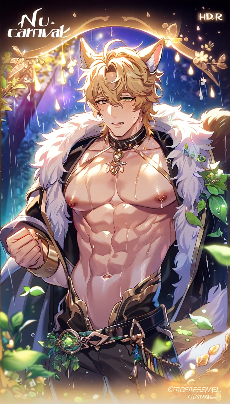 absurdres, highres, ultra detailed, HDR, master piece, best quality, extremely detailed, detailed eyes, Quincy, blonde hair, messy hair, wolf ears, wolf tail, expressive amber eyes, Nu Carnival, solo, sexy man, handsome, horny, lewd, fantasy, accessories, black cape with fur, bare chest, spring, flowers, green leaves, magical forest, dark fantasy, rain, night