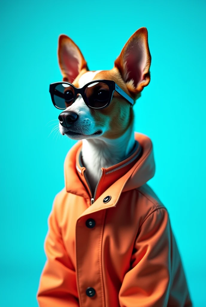 The best cell phone wallpaper, Award-Winning Wallpaper, portrait photography, In the front view is a portrait of a cute dog wearing mid-1960s space age fashion, Side view photo, Shot with Canon EOS R5, Set a strong contrast that accentuates the subject, Fluorescent blue tone, Wearing a very modern coat and sunglasses is a modern 1960s style, Clothes all in one color, beautiful background