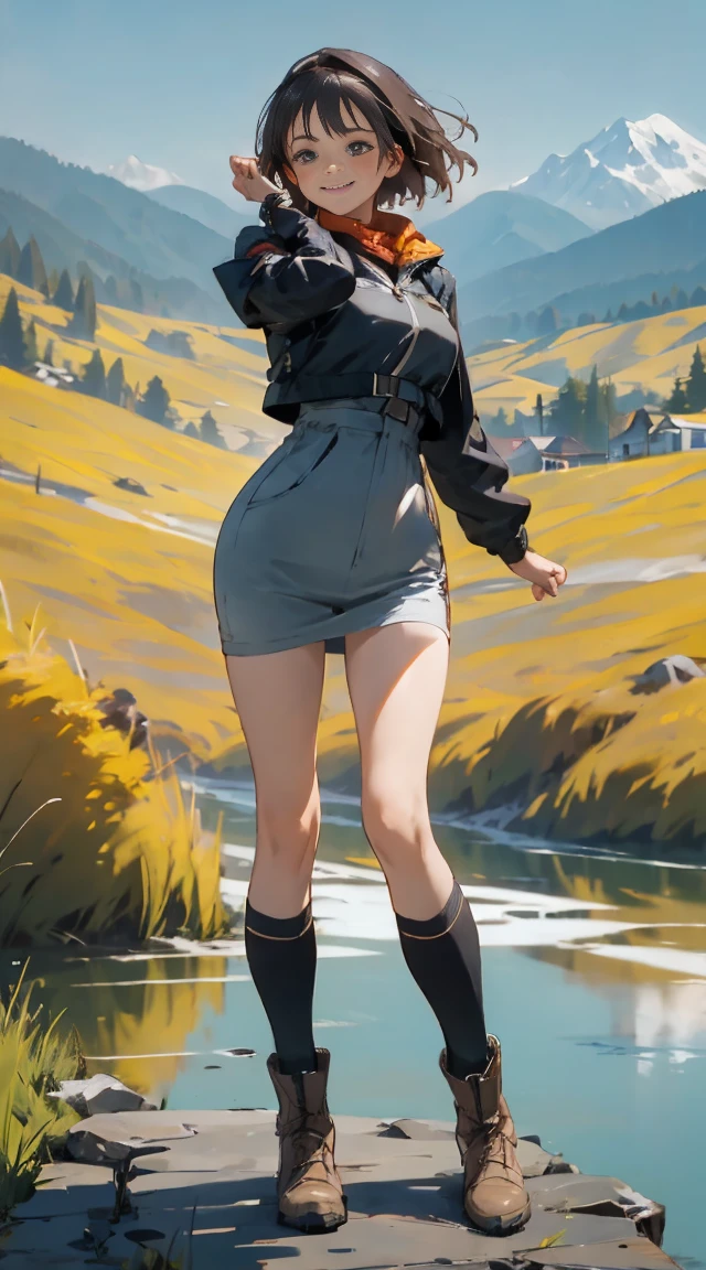 masterpiece, best quality, 1girl, solo, light smile, mountain, lake, meadow, panorama, jacket, kneehighs, boots, portrait