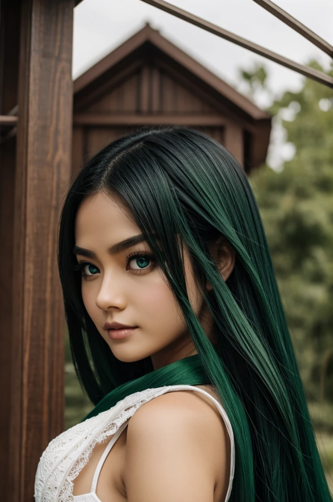 White skin, long black and green balayage hair, green almond eyes, black, close-fitting demon slayer costume, アニメ