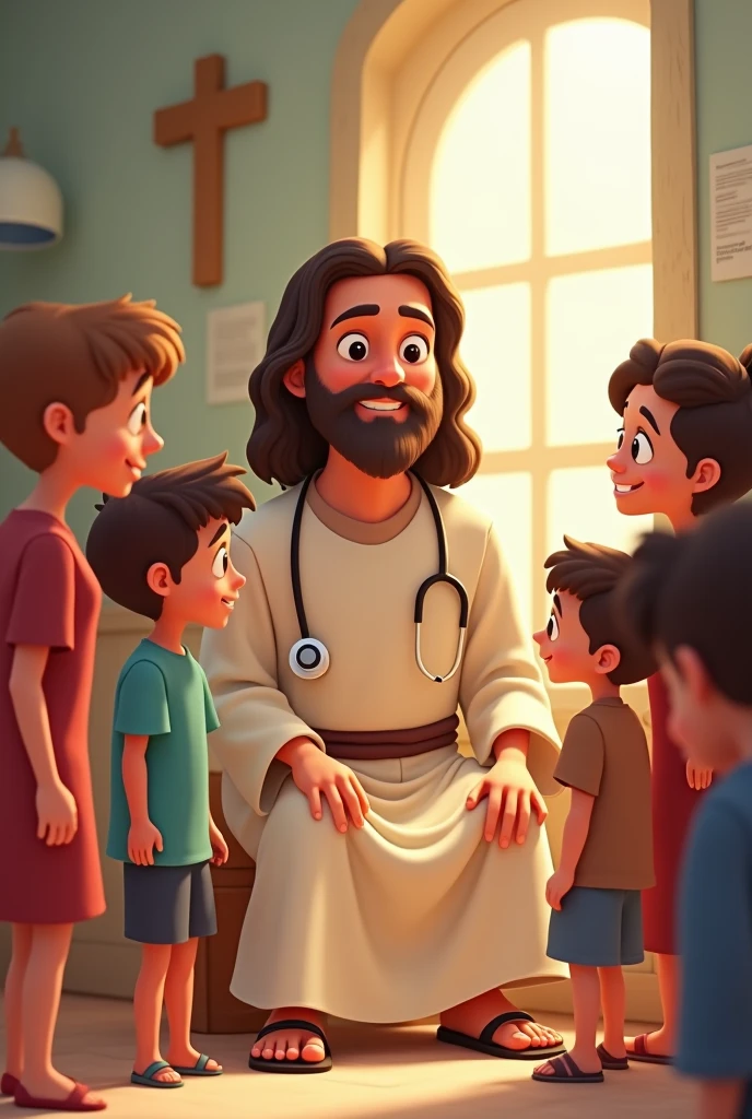 Animated Jesus being a doctor for children