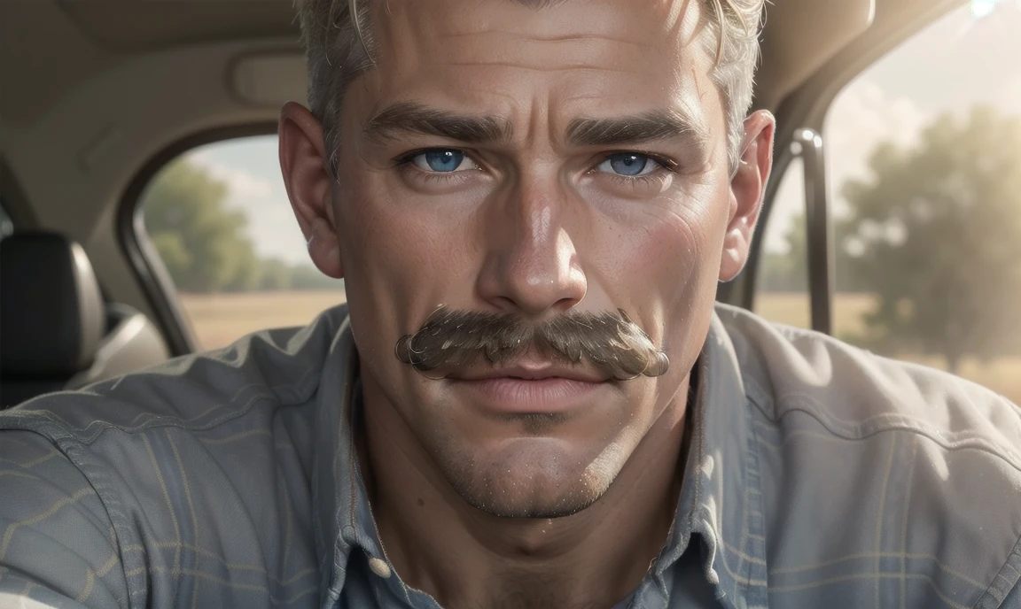 [((highly detailed, detailed eyes, detailed face, clear and realistic facial features, photorealistic, realistic light, cinematic)), ((((1 man)))), Mark is a handsome and alluring slender but muscular male farmer father aged 45 with short blond hair and a neat moustache and blue eyes and weathered skin, (((wearing a flannelette shirt))), ((((simple moustache)))), ((sexy southern gay daddy farmer)), ((greying dark-blond hair)), (((heavily weathered sun-tanned face))), (((Mark has a seductive smirking look on his face and a slight blush on his cheeks))), There is a charming yet dry southern farm in the background, ((((expression of strong attraction on face)))), (((sexual tension)))]