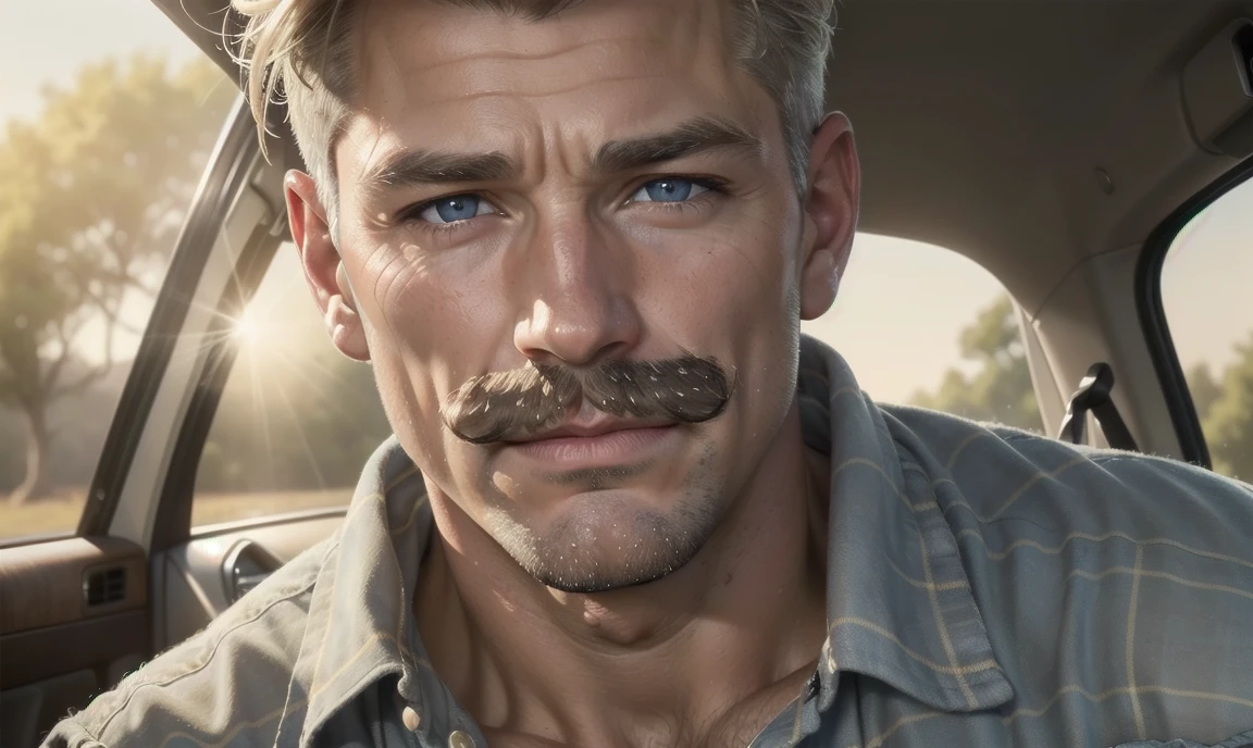 [((highly detailed, detailed eyes, detailed face, clear and realistic facial features, photorealistic, realistic light, cinematic)), ((((1 man)))), Mark is a handsome and alluring slender but muscular male farmer father aged 45 with short blond hair and a neat moustache and blue eyes and weathered skin, (((wearing a flannelette shirt))), ((((simple moustache)))), ((sexy southern gay daddy farmer)), ((greying dark-blond hair)), (((heavily weathered sun-tanned face))), (((Mark has a seductive smirking look on his face and a slight blush on his cheeks))), There is a charming yet dry southern farm in the background, ((((expression of strong attraction on face)))), (((sexual tension)))]