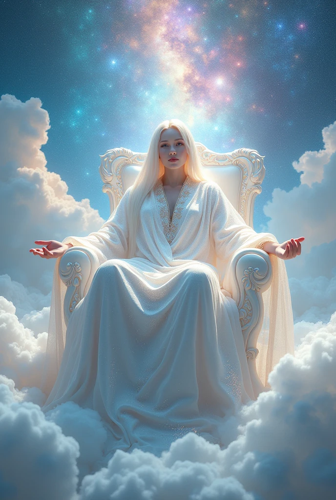 Create a person dressed in bright white with sparkling glitter sitting on a throne with white clouds underneath and in the background a sky full of strong, vibrant, starry colors