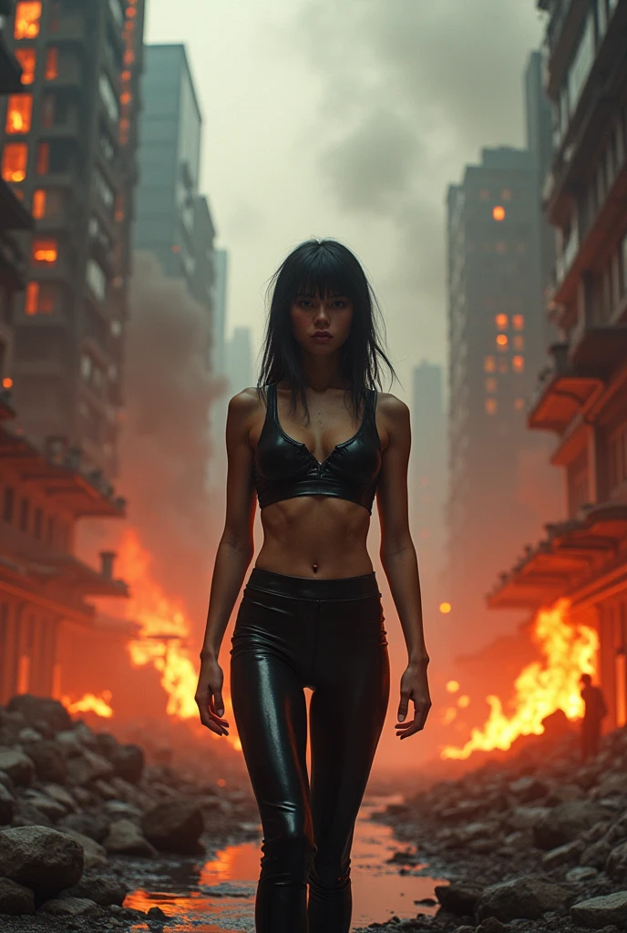 a girl in latex leggings against the background of a burning city with the inscription Multiversum Zero point above her