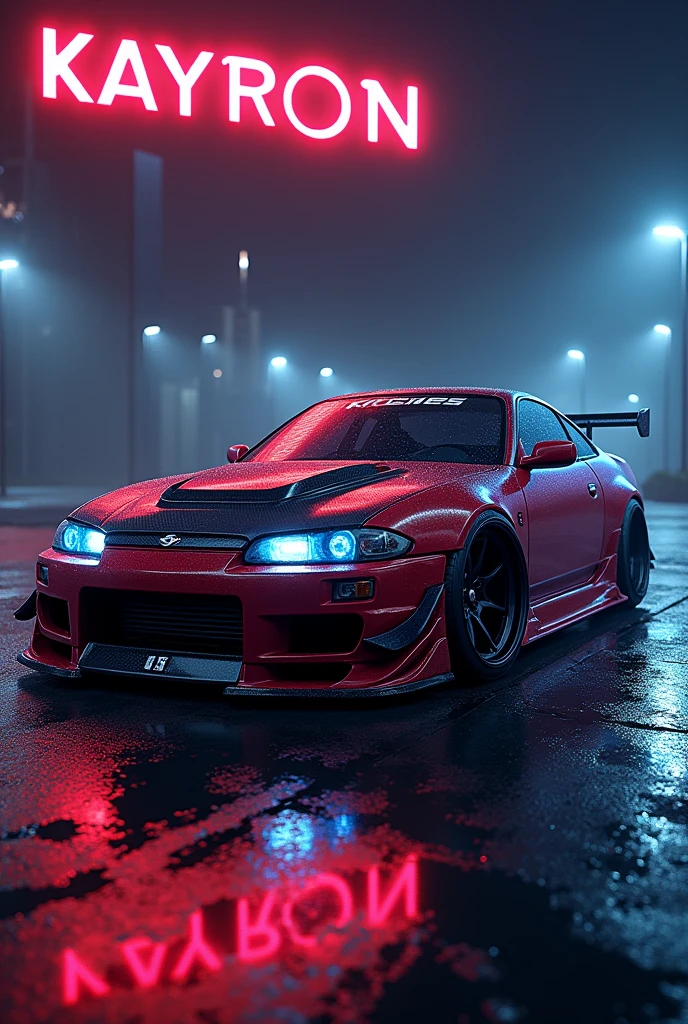 "I would like to create art for my music album titled 'Eclipse'. The album concept is inspired by the Eclipse car from the movie 'Fast and Furious'. The art should reflect a dynamic and energetic style, with elements that evoke speed and the car aesthetic. The artist's name is Kayron and the musical style is phonk, Put the name KAYRON on the front of the car with the song name ECLIPSE below it,
