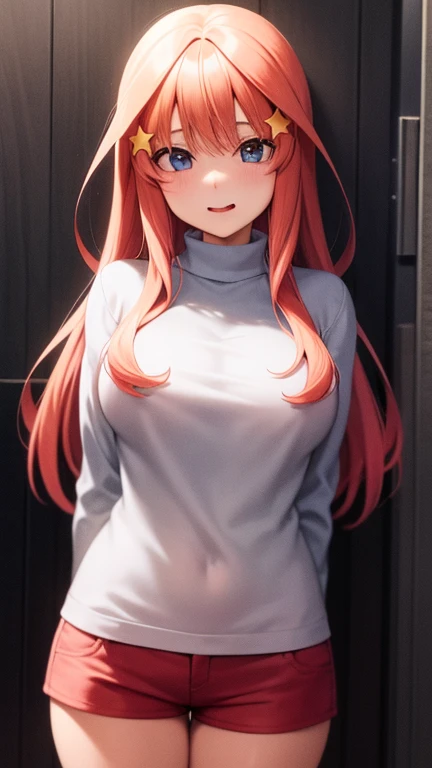 ((A girl wearing a thick white sweater))、(Redhead)、青い目をしたanime女の子、(Big Boobs), ((Loose knitted sweater:1.4)), (hot pants:1.2),魅力的なanime, anime con pelo largo, 美しいanime, かわいいanime, anime, かわいいanime, 最高のanime, 萌えanimeアートスタイル, かわいいのビジュアルanime, 肖像画のanime, anime, 魅惑的なanime, (anime), 若いanime、Yellow star hair ornament