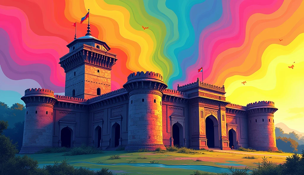 A fort in vizianagaram thumbnail for YouTube with all combinations of rainbow colour. Write vizianagaram fort on that generated image