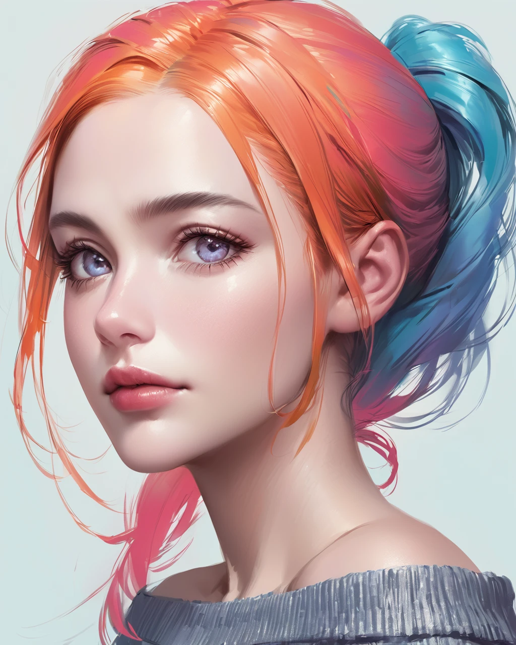 Illustrator, anime , Realistic ,sketch , 1 person, ,lip, Off-the-shoulder sweater, whole body, order, Blue gradient background, Neon long ponytail hair,(((There's a black cat on my shoulder))), Texture Trim, Canadian, (masterpiece,Highest quality)