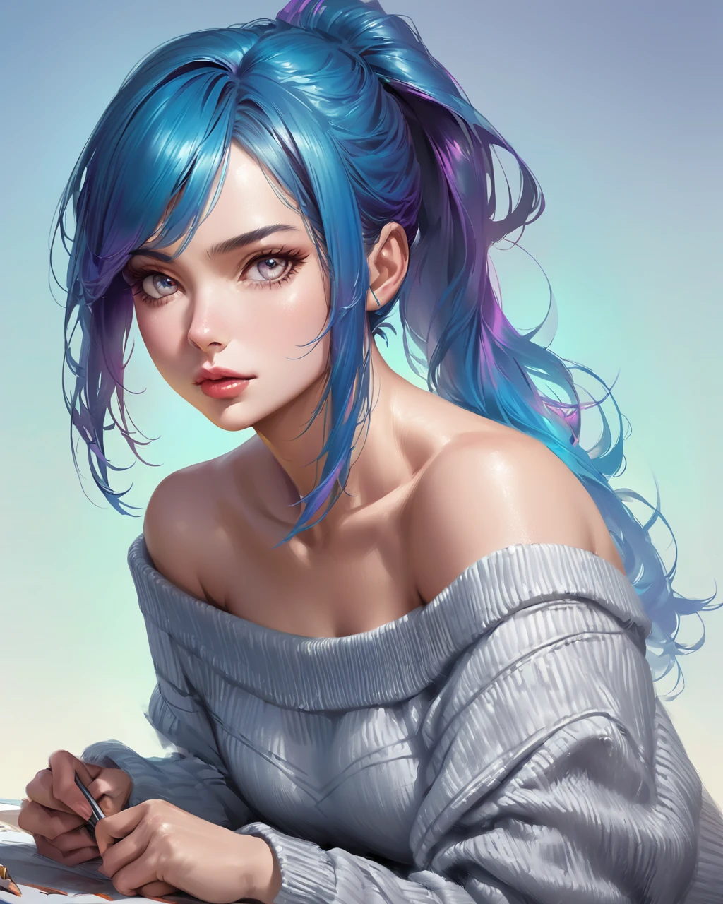 Illustrator, anime , Realistic ,sketch , 1 person, ,lip, Off-the-shoulder sweater, whole body, order, Blue gradient background, Neon long ponytail hair,(((There&#39;s a black cat on my shoulder))), Texture Trim, Canadian, (masterpiece,Highest quality) 