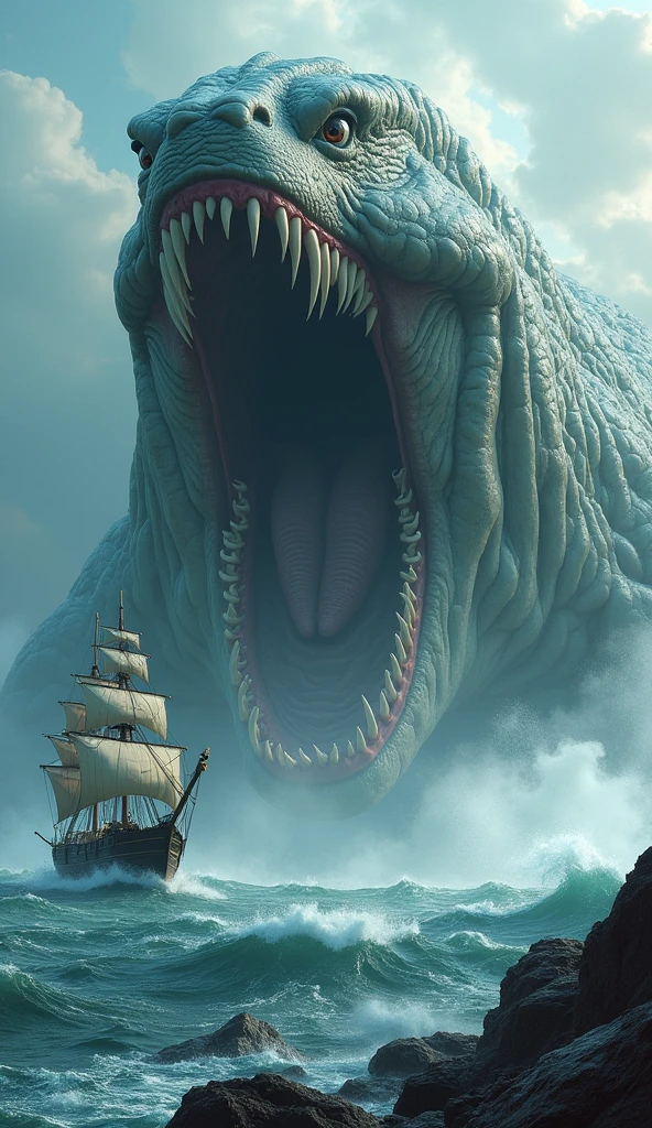 (gigantic monster with a massive mouth), detailed body of water in the background, (ship in the foreground), vibrant CGI style, striking colors, chaotic atmosphere, expertly crafted concept art, high contrast lighting, dynamic composition, (Eddie Mendoza style), ultra-detailed, immersive environment, captivating action scene, evokes a sense of awe and suspense.