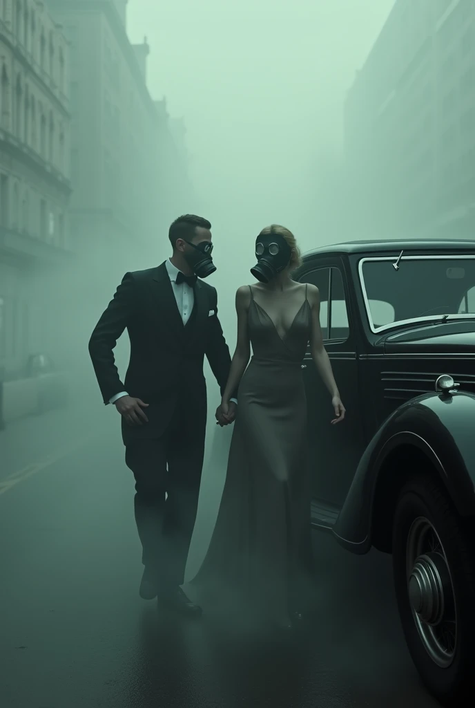 A couple, two young people who are close,、Thick Fogに包まれた1930sのロンドンにて、Men and women dressed for a ball get out of a black car.、the woman is holding the man's hand, both are wearing gas masks for poison gas.、Thick Fog、1930s、