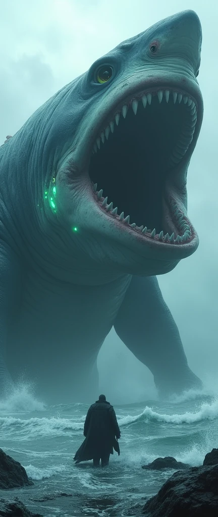 high resolution, best quality, giant monster, a giant-headed shark monster, bright eyes,