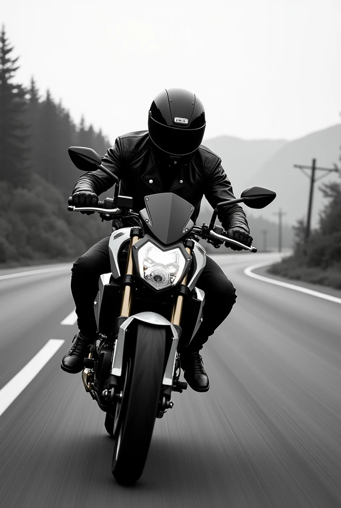 Create a black and white image of a lone motorcyclist, and the motorcycle should be a Yamaha MT03.