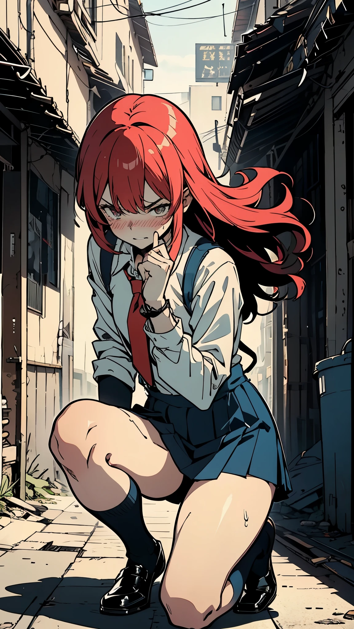 {{standing on one knee:1.6}},{{knee up:1.6}},{{masterpiece}}, {{{Highest quality}}},{{Very detailed}},{{Pain ,Suffering}},{{critical situation:1.6}},,{{from below:1.6}},{{Adult female}},,{{Fighting stance}},｛from side｝,{{Long sleeve mini skirt uniform}},{on one knee{}},}}{}},{fighting stance}},{tall (of a person)　},{}, ,{{Blue mini skirt}},{{Eyelet foot}},,{{blushing with anger}},{{}},,{{}},{{}},,Slender body}}{{Avoidance}},{{High School Girl Fighter}},,,,suspenders　,WHITE Long sleeve mini skirt uniform, White High Socks,Black fingerless gloves, Long Red Hair, Red tie,Straight hair ,Blunt bangs,Thigh holster,loafer,,blush,Wrinkles ,amount,Grit your teeth,suffering,v-shaped eyebrows.,Sweat dripping,Medium chest ,get annoyed,,Slums,,Twisting,