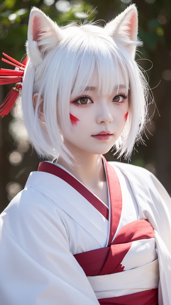 White Demon Fox、Nine-tailed Fox、Japanese women、kimono、Fair skin、Red lines on face、8K、I have white hair、Bobshort hair