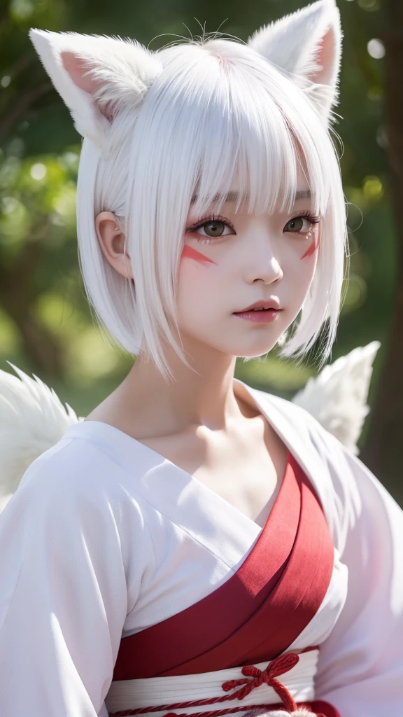 White Demon Fox、Nine-tailed Fox、Japanese women、kimono、Fair skin、Red lines on face、8K、I have white hair、Bobshort hair