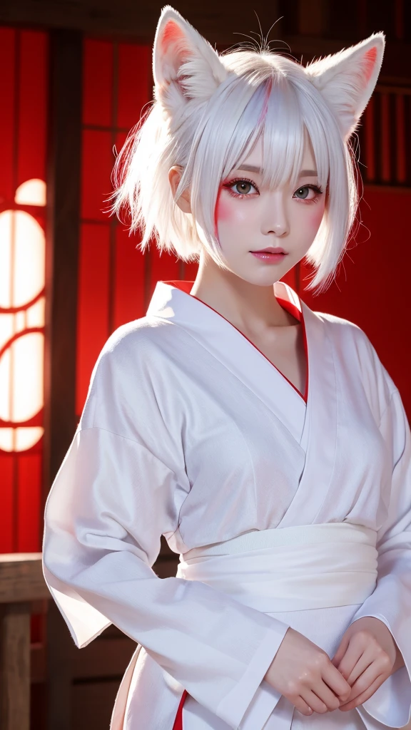 White Demon Fox、Nine-tailed Fox、Japanese women、kimono、Fair skin、Red lines on face、8K、I have white hair、Bobshort hair