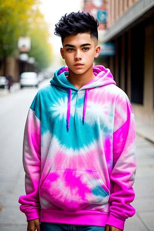 teen ether gender that has a short shave on sides hair, has a tie dye color, wears a black hoodie
