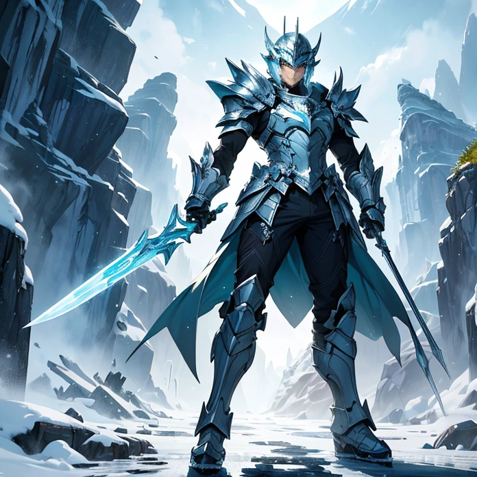 High Resolution, Anime, Character Design, Digital Art, HD, Best Quality, Masterpiece, Super Detailed, high fantasy,
{{male adult elvish ice soldier:(ice closed helmet, ice arrowhead at the top, crystal visor of helmet, ice neck armor, ice bulky full armor, ice shoulderplates, ice arms full armor, ice gauntlets, ice armor hips, ice legs armor, ice armored boots, green short cloak),(ice long sword, ice big shield, ice power pistol on hip),(holding in combat pose with his left arm his ice longsword, holding with his right arm his big ice shield, standing imponent and lethal),(cloudy day, chinese mountain road, stone road, stone walls on the road, chinese trees around)}}