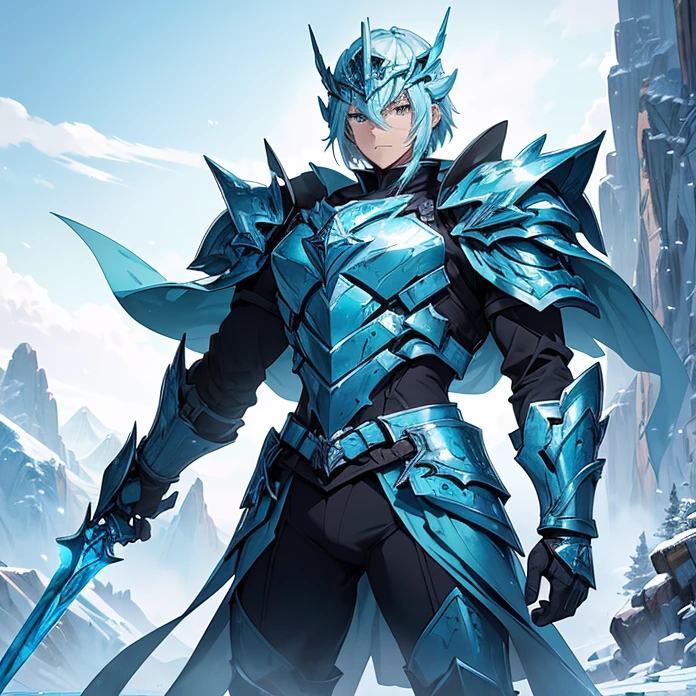 High Resolution, Anime, Character Design, Digital Art, HD, Best Quality, Masterpiece, Super Detailed, high fantasy,
{{male adult elvish ice soldier:(ice closed helmet, ice arrowhead at the top, crystal visor of helmet, ice neck armor, ice bulky full armor, ice shoulderplates, ice arms full armor, ice gauntlets, ice armor hips, ice legs armor, ice armored boots, green short cloak),(ice long sword, ice big shield, ice power pistol on hip),(holding in combat pose with his left arm his ice longsword, holding with his right arm his big ice shield, standing imponent and lethal),(cloudy day, chinese mountain road, stone road, stone walls on the road, chinese trees around)}}