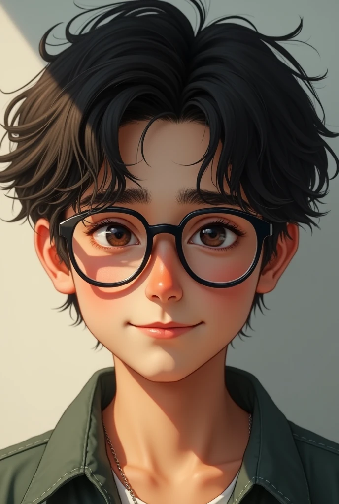 A teenage male with dark brown eyes, with broken hair, thick lips, high, thin and with a nice smile, put on glasses
