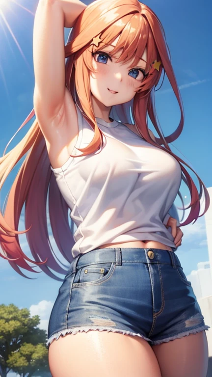 (A girl wearing a thick white sweater)、（Redhead）、青い目をしたanime、（Big Breasts）, （（Loose knitted sweater:1.4））,  (hot pants:1.2),魅力的なanime, anime con pelo largo, 美しいanime, かわいいanime, anime, かわいいanime, 最高のanime, 萌えanimeアートスタイル, かわいいビジュアルanime, 肖像画のanime, anime, 魅惑的なanime, (anime), 若いanime、Yellow star hair ornament