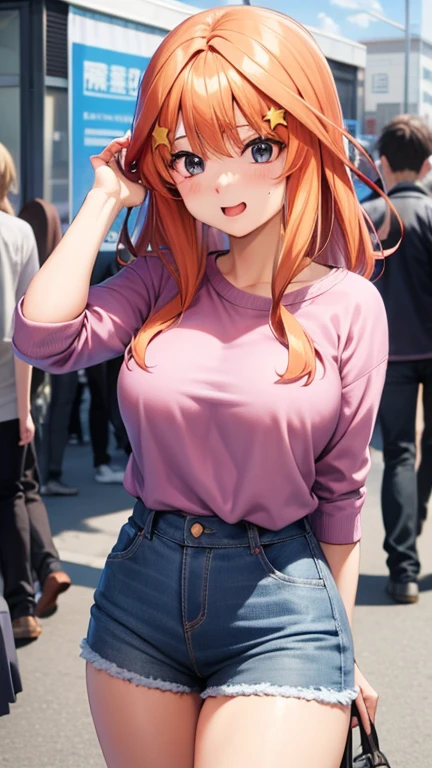 (A girl wearing a thick white sweater)、(Redhead)、青い目をしたanime、(Big Breasts), ((Loose knitted sweater:1.4)), (hot pants:1.2),魅力的なanime, anime con pelo largo, 美しいanime, かわいいanime, anime, かわいいanime, 最高のanime, 萌えanimeアートスタイル, かわいいビジュアルanime, 肖像画のanime, anime, 魅惑的なanime, (anime), 若いanime、Yellow star hair ornament