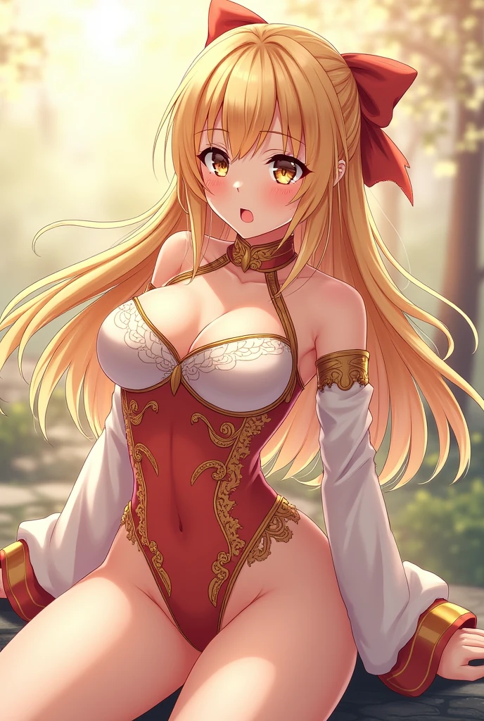 beautiful anime girl, blonde with brown eyes, in a sexy pose and in a sexy costume