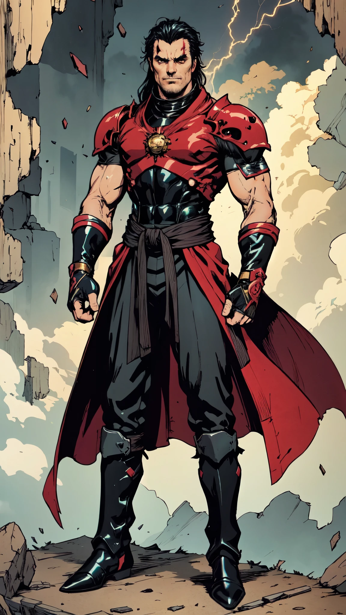 (masterpiece:1.2, best quality:1.2, extremely delicate:1.2), a middle-aged man, wild disheveled long hair streaked in red and black, a rugged and imposing face, a lightning-shaped tattoo on the left side of his face, sharp eyes, a confident smile, a tall and muscular build, a fantasy martial arts-style short-sleeved coat, form-fitting scale armor underneath, a black fur shawl drapes over his shoulders, wrist guards, matching canvas trousers, stands majestically on shattered ground, surrounded by floating debris, this character embodies a finely crafted fantasy martial arts-style overlord in anime style, exquisite and mature manga art style, dramatic, high definition, highres, ultra-detailed, ultra-fine painting, professional, perfect body proportions, golden ratio, anatomically correct, symmetrical face, extremely detailed eyes and face, high quality eyes, creativity, RAW photo, UHD, 32k, Natural light, cinematic lighting, (masterpiece-anatomy-perfect:1.2)