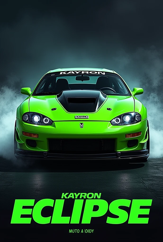 
"I would like to create art for my music album titled 'Eclipse'. The album concept is inspired by the Eclipse car from the movie 'Fast and Furious'. The art should reflect a dynamic and energetic style, with elements that evoke speed and the car aesthetic. The artist's name is Kayron and the musical style is phonk, Put the name KAYRON on the front of the car with the song name ECLIPSE below it,  Make the car fluorescent green and black.