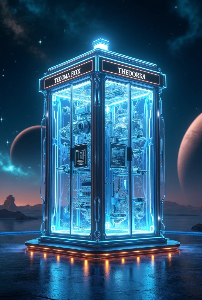 Há uma cabine telefônica no space com planetas ao fundo, rendered in keyshot, police station, futuristic cabins, cabine no estilo TRON LEGACY, cabin made of glass, transparent cabins, universe, space sideral, represented as a 3D rendering, 3D rendering beep, space, police box, TEDOMA written at the top of the cabin, promotional rendering, sci-fi magic highly detailed