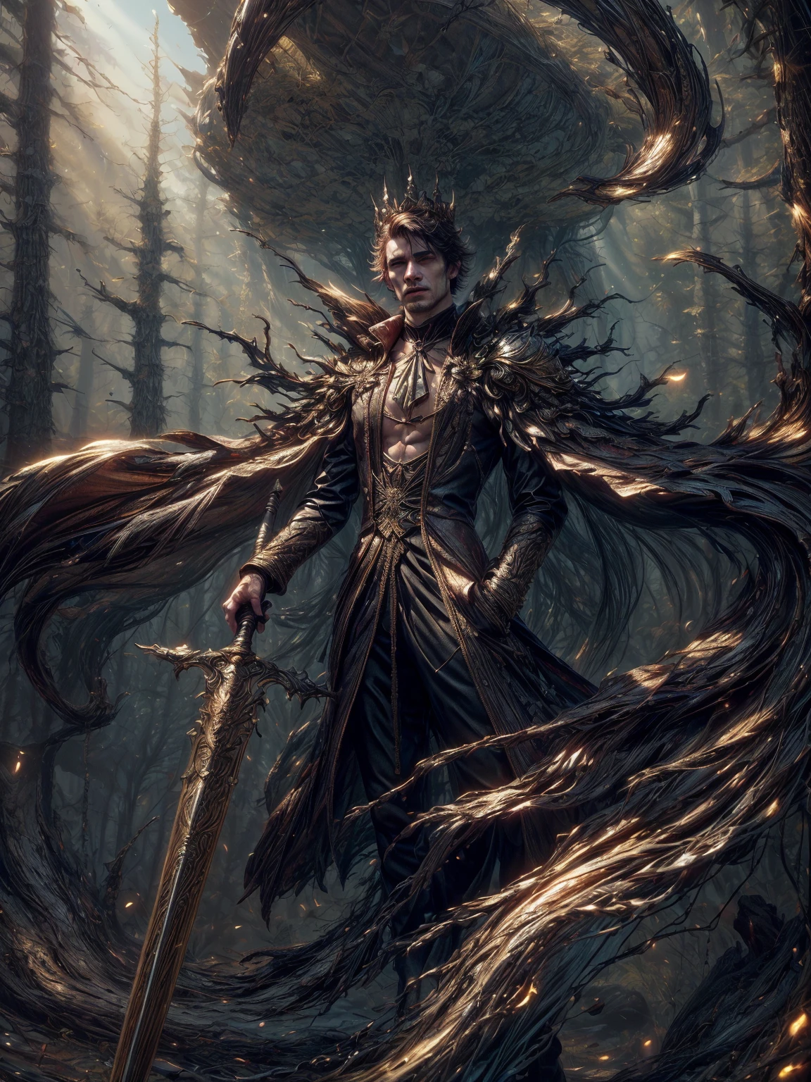 imagem de um vampiro masculino com uma espada em uma floresta, senhor vampiro, arte de estilo fantasia sombria, e Mumford Tom Bagshaw, uma ilustração de fantasia sinistra, governante do inferno, in style of arte de fantasia sombria, vampiro do clã lasombra, design de personagens de fantasia sombria, arte de fantasia sombria, lindo deus masculino da morte, arte de fantasia gótica. Extremely detaild, 8K, HDR, natural light, cinematic lighting, masterpiece-anatomy-perfect, Ultra HD, RAW photo, metallic, professional, ultra-fine painting, perfect body proportions, anatomically correct, uhd, real texture material, Anti-Aliasing, FKAA, TXAA, SSAO, Post Processing, Post Production, Tone Mapping, CGI, VFX, SFX, Hyper maximalist, Volumetric, ultra photorealultra-detailed intricate details.