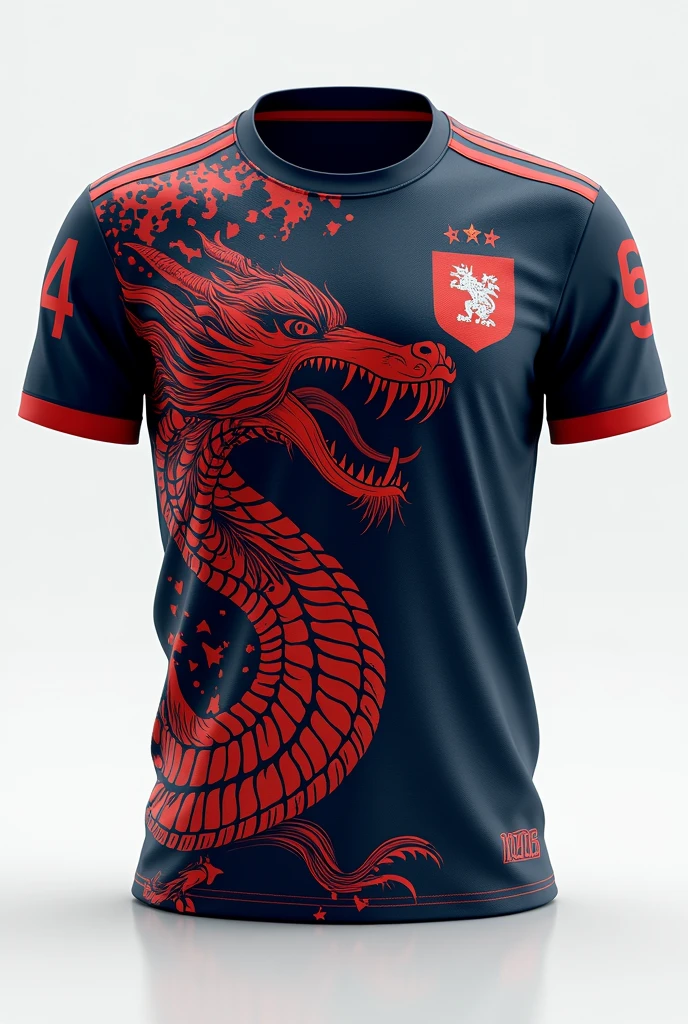 Make a 7th grade interclass soccer shirt with a dragon on the left side under the shirt., On the back of the shirt, the person's number and team