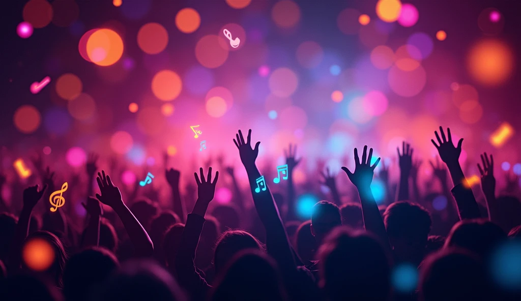 A vibrant, radiant background image with small music logos
