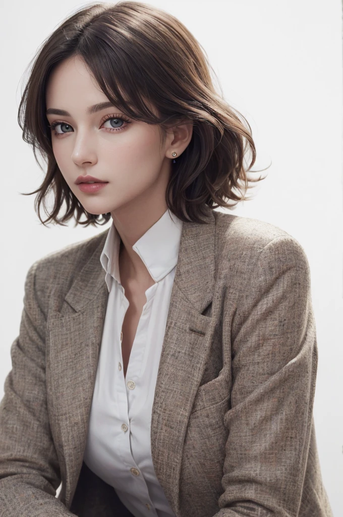 8K Ultra HD、RAWphotograph、モデルphotograph撮影、 European Fashion、(masterpiece、Highest quality、Realistic、High resolution、photograph:1.3)、close、focus on、Hot Model、slim、30 year old mature woman、Small face、No makeup、short hair、Beautiful dark brown Hayne eyes、Genuineスキン、(Perfect body)、Sexy hot face、sexual sight、slim、Tweed jacket、Long sleeve、High neck shirt、Button up,Beautiful eyes in every detail、Glossy lips、((Bright light、Dynamic Lighting、Genuine、超Genuine、 realism、Genuineなディテール、Cool Beauty、Cool pose、Background white、Plain white background