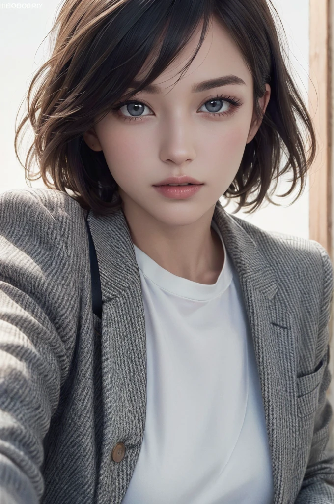 8K Ultra HD、RAWphotograph、モデルphotograph撮影、 European Fashion、(masterpiece、Highest quality、Realistic、High resolution、photograph:1.3)、close、focus on、Hot Model、slim、30 year old mature woman、Small face、No makeup、short hair、Beautiful dark brown Hayne eyes、Genuineスキン、(Perfect body)、Sexy hot face、sexual sight、slim、Tweed jacket、Long sleeve、High neck shirt、Button up,Beautiful eyes in every detail、Glossy lips、((Bright light、Dynamic Lighting、Genuine、超Genuine、 realism、Genuineなディテール、Cool Beauty、Cool pose、Background white、Plain white background